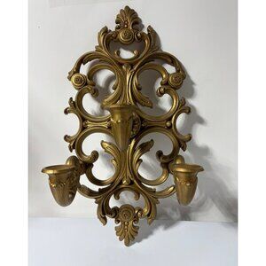 Vtg 1978 Syroco‎ Triple Gold Ornate Wall Sconce Candle Holder Hollywood Regency